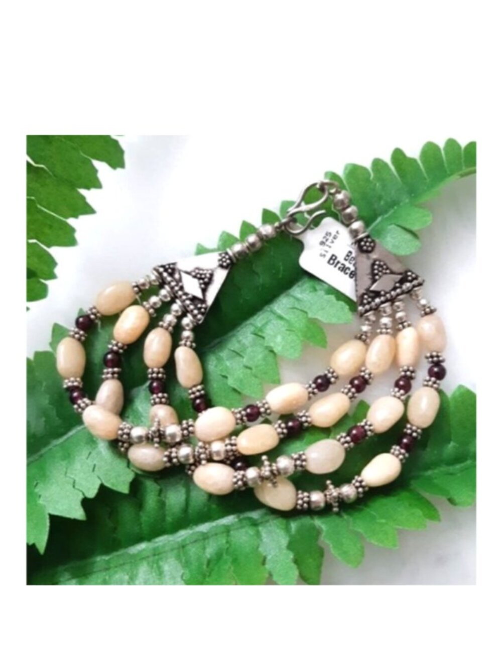 Bracelet Natural (br6) Gemstones Cream Aventurine Garnet 925 Silver 4-strand